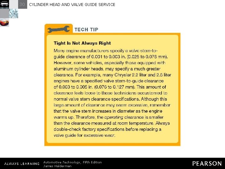 30 CYLINDER HEAD AND VALVE GUIDE SERVICE TECH TIP: Tight Is Not Always Right