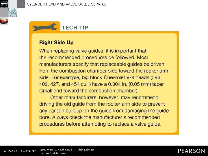 30 CYLINDER HEAD AND VALVE GUIDE SERVICE TECH TIP: Right Side Up When replacing
