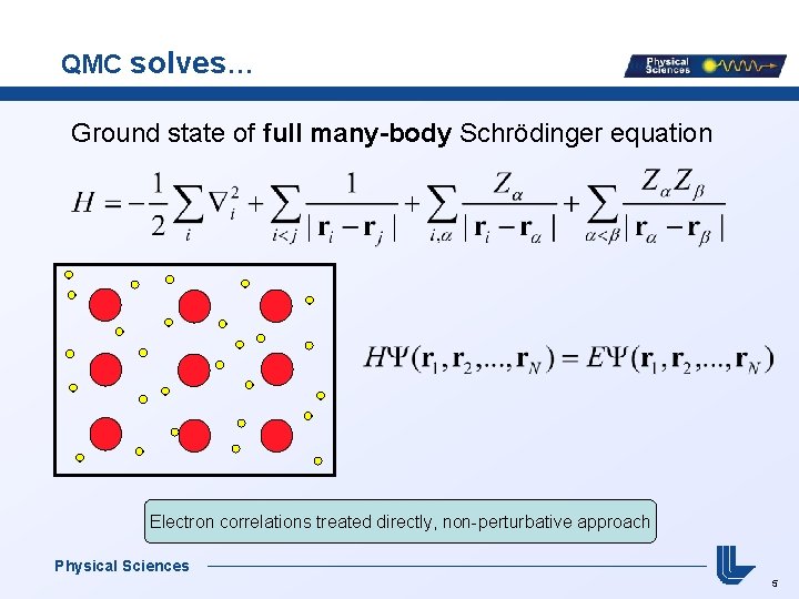 QMC solves… Ground state of full many-body Schrödinger equation Electron correlations treated directly, non-perturbative