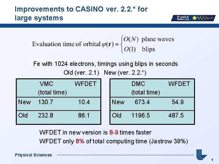 Improvements to CASINO ver. 2. 2. * for large systems Fe with 1024 electrons,