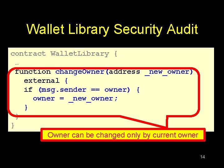 Wallet Library Security Audit contract Wallet. Library { … function change. Owner(address _new_owner) external