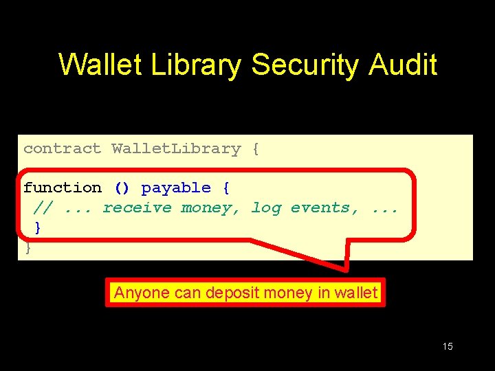 Wallet Library Security Audit contract Wallet. Library { … function () payable { //.