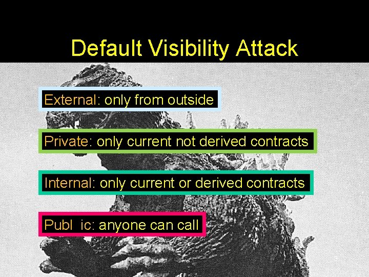 Default Visibility Attack External: only from outside Private: only current not derived contracts Internal: