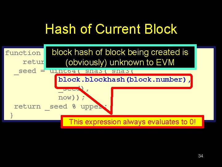 Hash of Current Block block hash of block being created is function random(uint 64