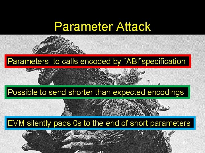 Parameter Attack Parameters to calls encoded by “ABI”specification Possible to send shorter than expected