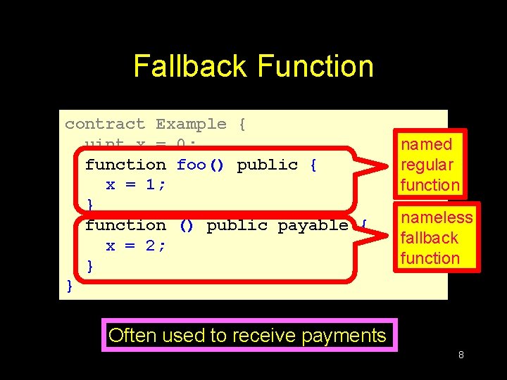 Fallback Function contract Example { uint x = 0; function foo() public { x