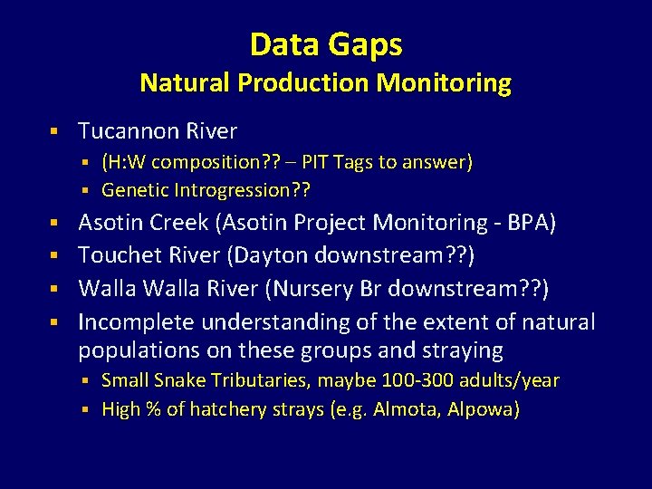 Data Gaps Natural Production Monitoring § Tucannon River (H: W composition? ? – PIT Data Gaps Natural Production Monitoring § Tucannon River (H: W composition? ? – PIT