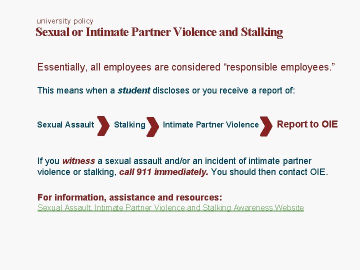 university policy Sexual or Intimate Partner Violence and Stalking Essentially, all employees are considered