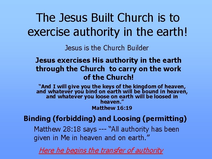 The Jesus Built Church is to exercise authority in the earth! Jesus is the