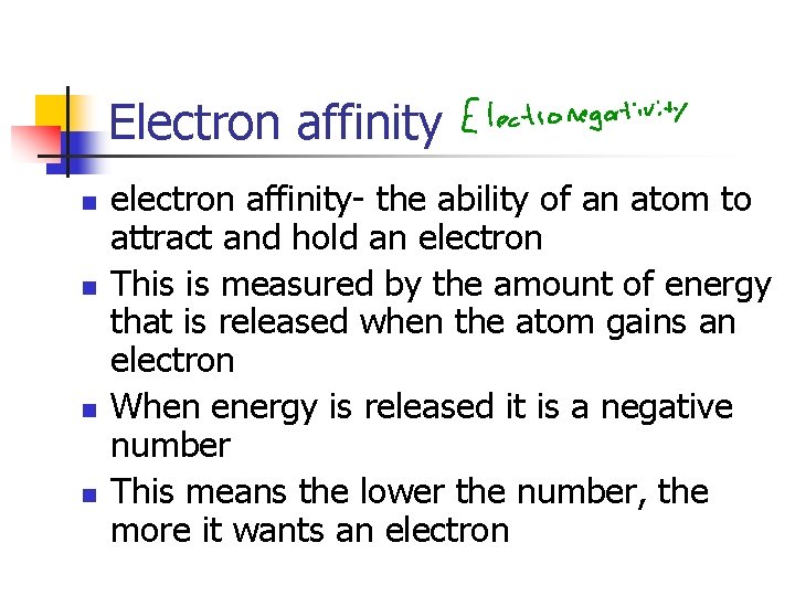 Electron affinity n n electron affinity- the ability of an atom to attract and