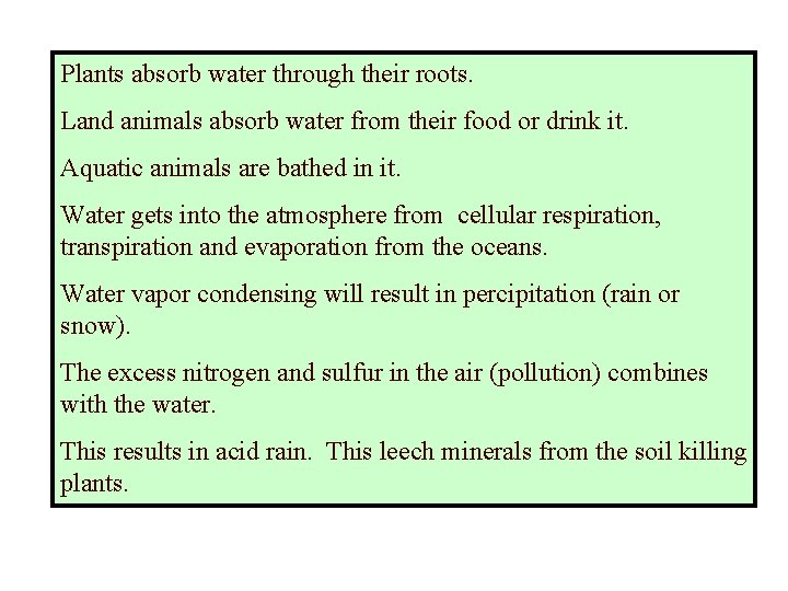 Plants absorb water through their roots. Land animals absorb water from their food or