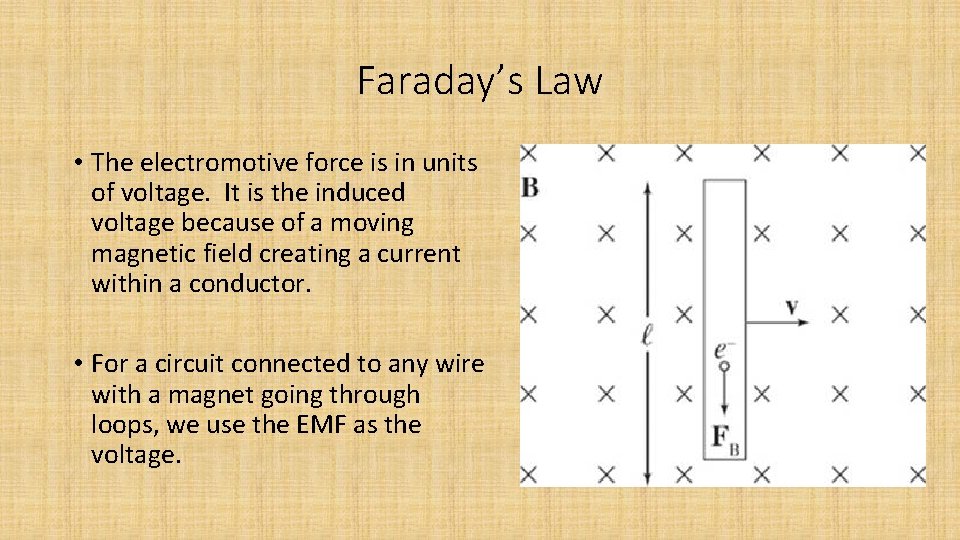 Faraday’s Law • The electromotive force is in units of voltage. It is the