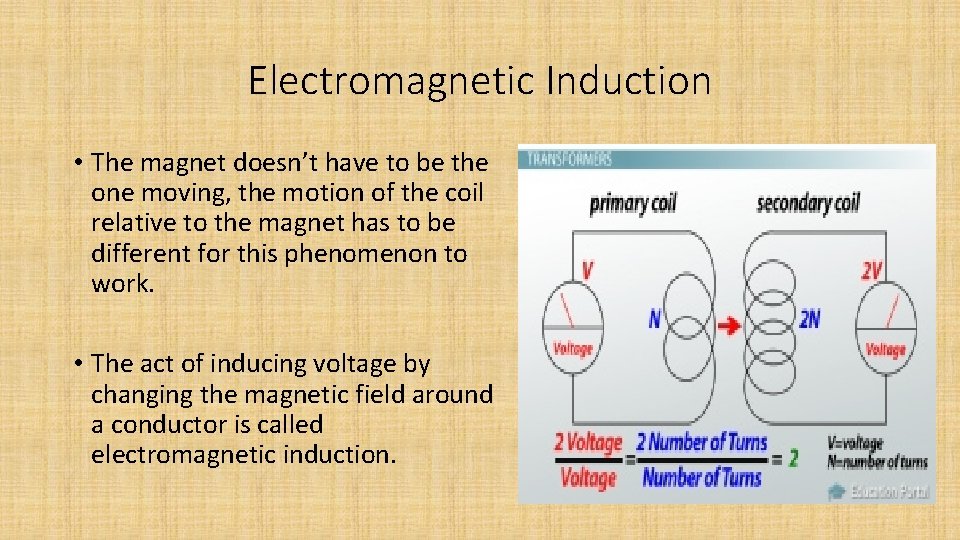 Electromagnetic Induction • The magnet doesn’t have to be the one moving, the motion