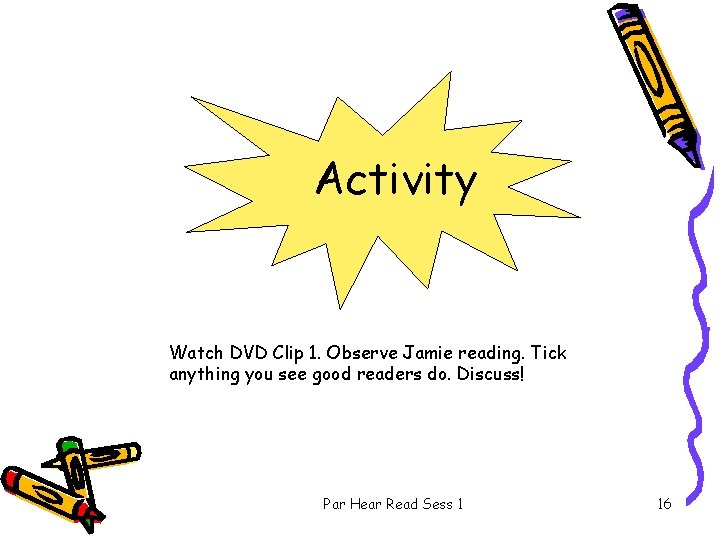Activity Watch DVD Clip 1. Observe Jamie reading. Tick anything you see good readers