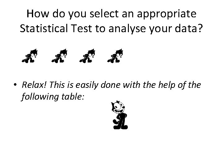 How do you select an appropriate Statistical Test to analyse your data? • Relax! How do you select an appropriate Statistical Test to analyse your data? • Relax!