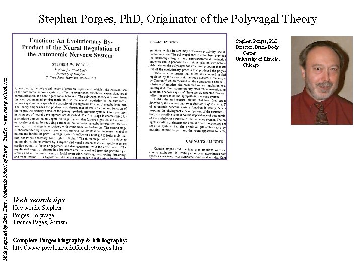 Stephen Porges, Ph. D, Originator of the Polyvagal Theory Slide prepared by John Chitty,