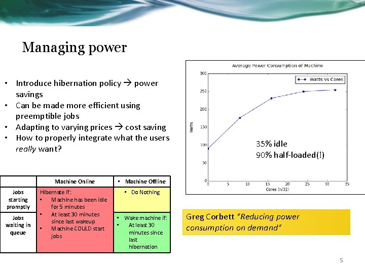 Managing power • Introduce hibernation policy power savings • Can be made more efficient