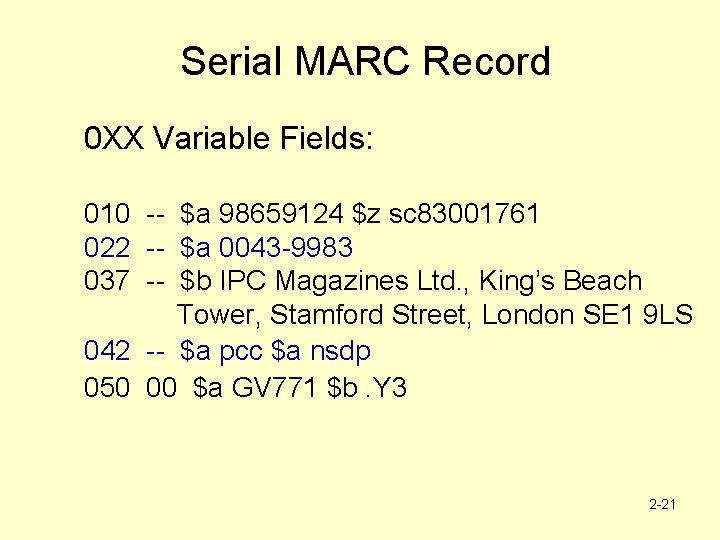 Serial MARC Record 0 XX Variable Fields: 010 -- $a 98659124 $z sc 83001761