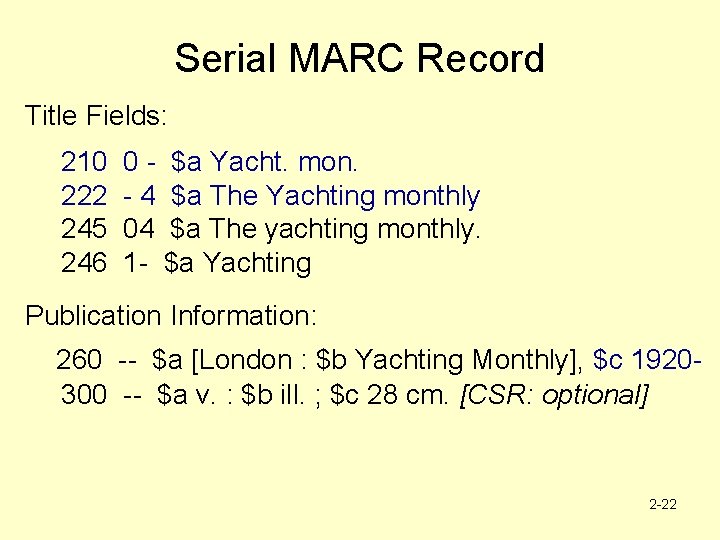 Serial MARC Record Title Fields: : 210 222 245 246 0 - $a Yacht.