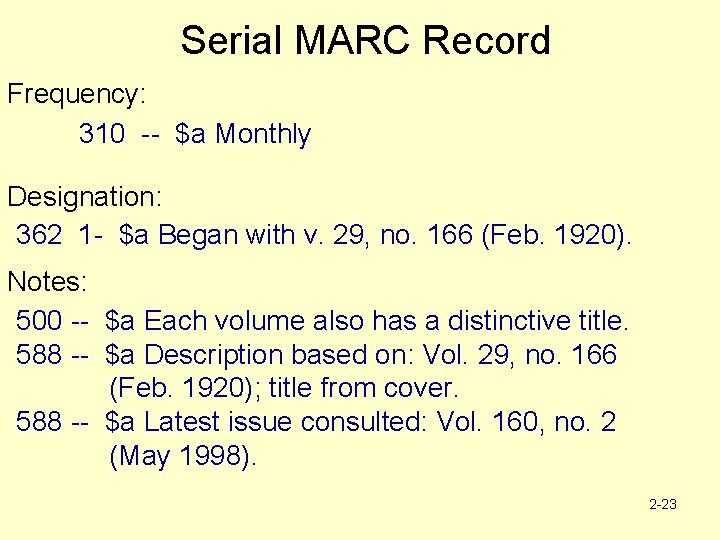 Serial MARC Record Frequency: 310 -- $a Monthly Designation: 362 1 - $a Began