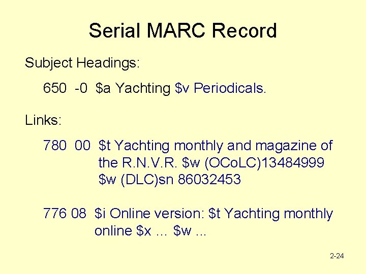 Serial MARC Record Subject Headings: 650 -0 $a Yachting $v Periodicals. Links: 780 00