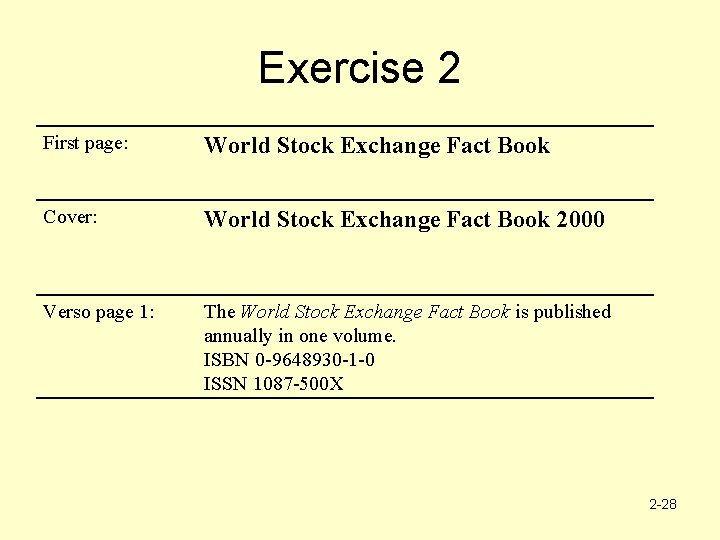 Exercise 2 First page: World Stock Exchange Fact Book Cover: World Stock Exchange Fact