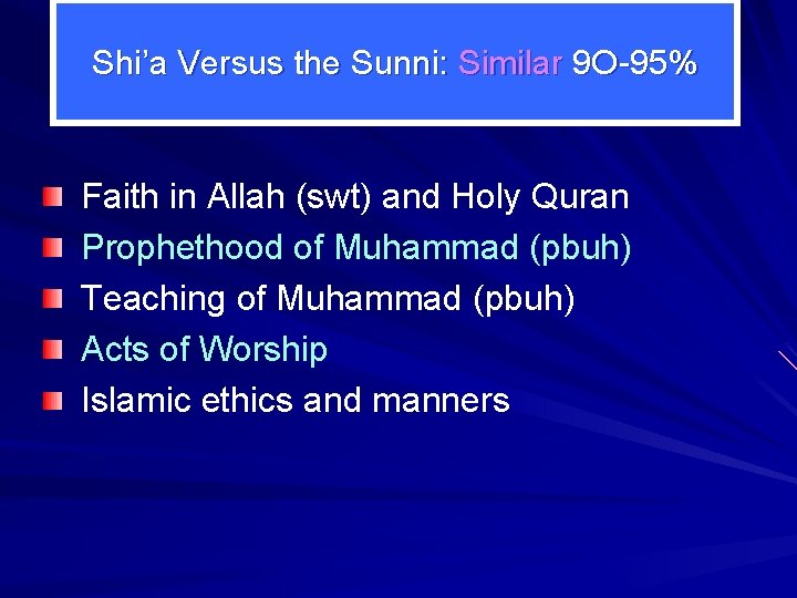 Shi’a Versus the Sunni: Similar 9 O-95% Faith in Allah (swt) and Holy Quran