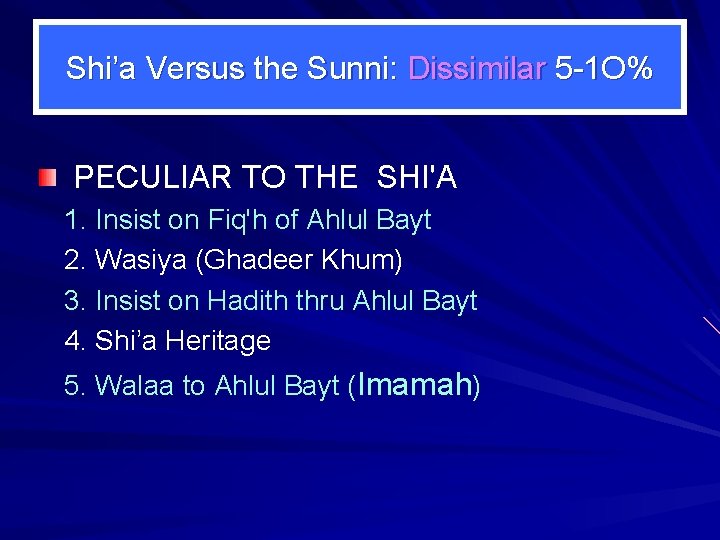 Shi’a Versus the Sunni: Dissimilar 5 -1 O% PECULIAR TO THE SHI'A 1. Insist
