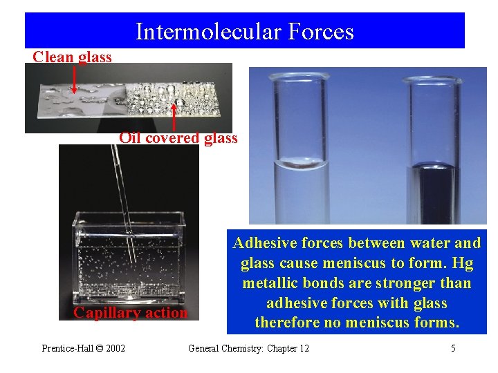 Intermolecular Forces Clean glass Oil covered glass Capillary action Prentice-Hall © 2002 Adhesive forces
