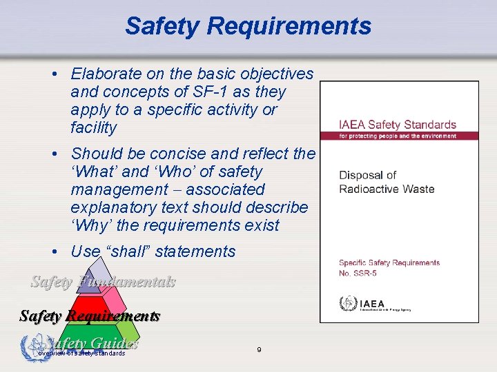 Safety Requirements • Elaborate on the basic objectives and concepts of SF-1 as they