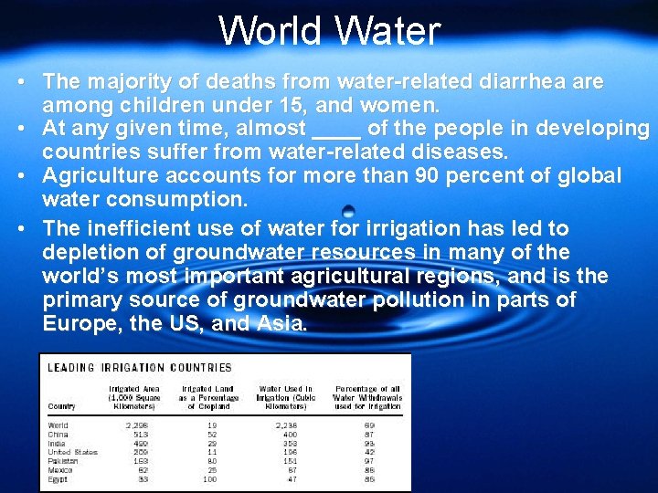 World Water • The majority of deaths from water-related diarrhea are among children under