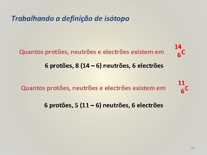 Trabalhando a definição de isótopo Quantos protões, neutrões e electrões existem em 14 6
