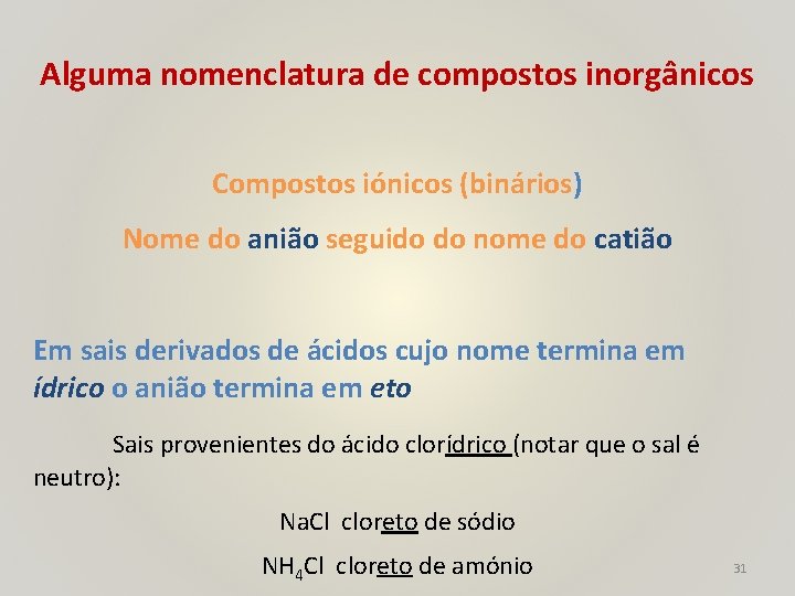 Alguma nomenclatura de compostos inorgânicos Compostos iónicos (binários) Nome do anião seguido do nome