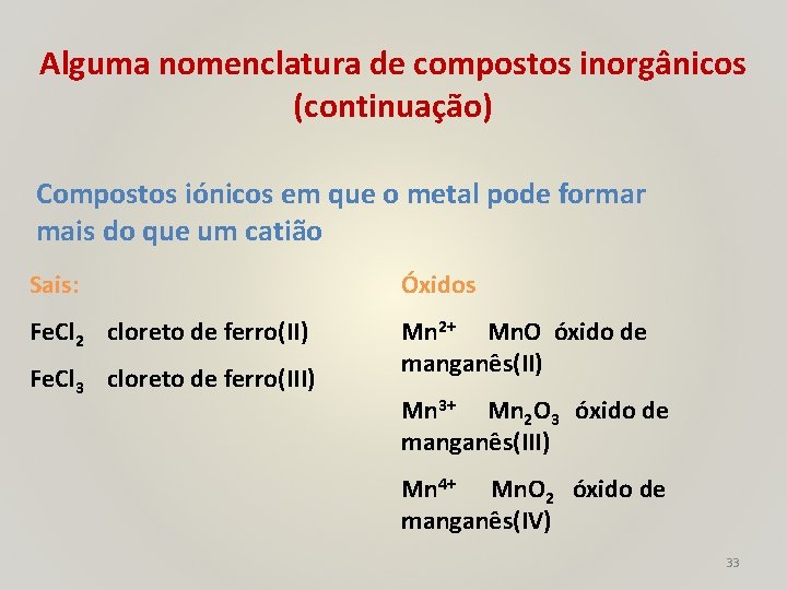 Alguma nomenclatura de compostos inorgânicos (continuação) Compostos iónicos em que o metal pode formar
