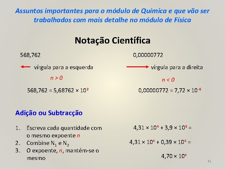 Assuntos importantes para o módulo de Química e que vão ser trabalhados com mais