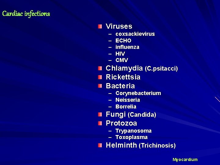 Cardiac infections Viruses – – – coxsackievirus ECHO influenza HIV CMV Chlamydia (C. psitacci)