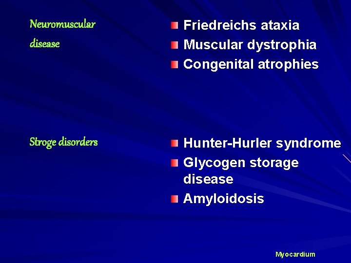 Neuromuscular disease Friedreichs ataxia Muscular dystrophia Congenital atrophies Stroge disorders Hunter-Hurler syndrome Glycogen storage