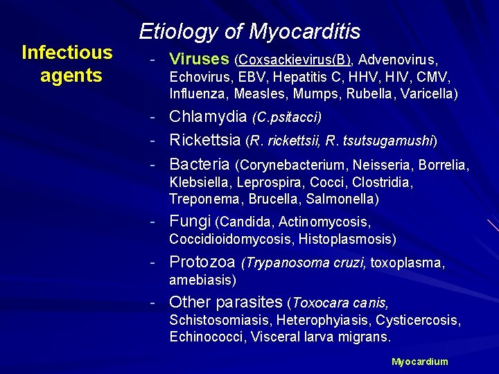 Infectious agents Etiology of Myocarditis - Viruses (Coxsackievirus(B), Advenovirus, Echovirus, EBV, Hepatitis C, HHV,