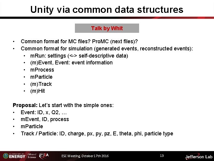 Unity via common data structures Talk by Whit • • Common format for MC