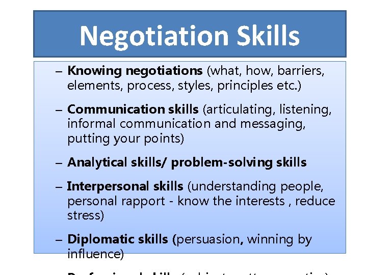 Negotiation Skills – Knowing negotiations (what, how, barriers, elements, process, styles, principles etc. )