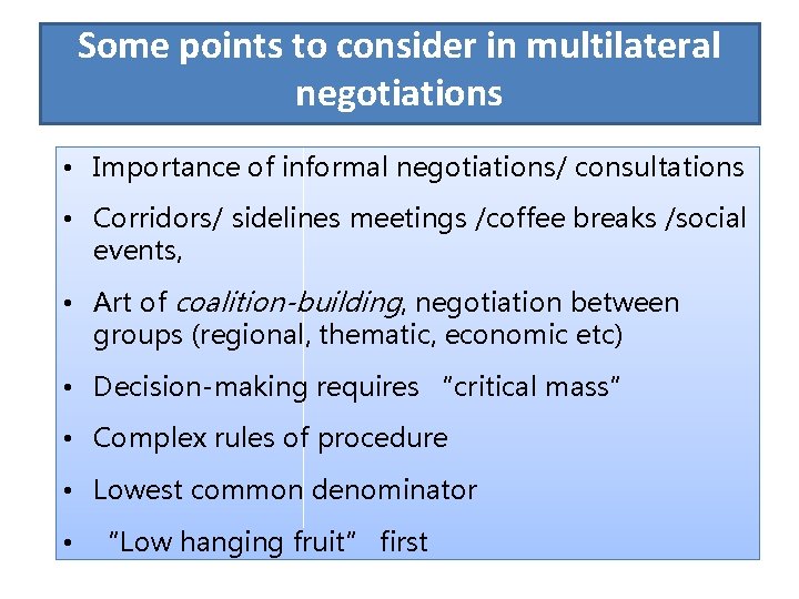 Some points to consider in multilateral negotiations • Importance of informal negotiations/ consultations •