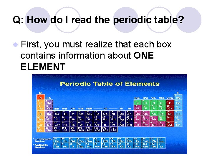 Q: How do I read the periodic table? l First, you must realize that