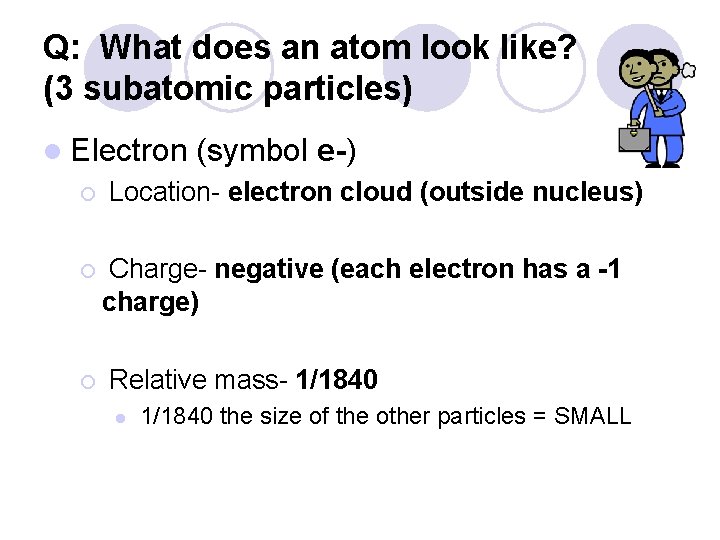 Q: What does an atom look like? (3 subatomic particles) l Electron ¡ ¡