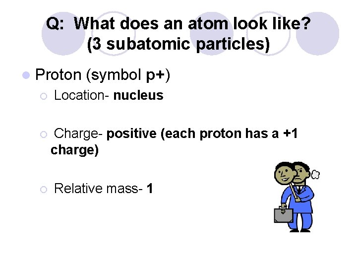 Q: What does an atom look like? (3 subatomic particles) l Proton ¡ ¡