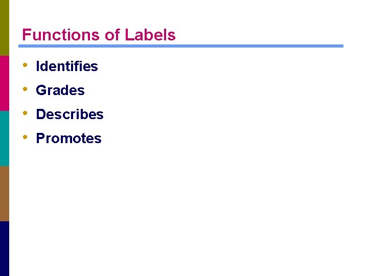 Functions of Labels • • Identifies Grades Describes Promotes 