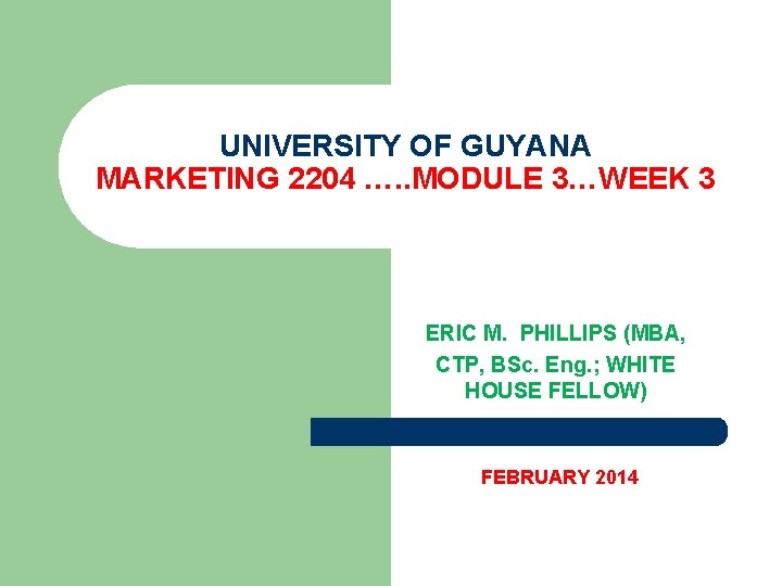  UNIVERSITY OF GUYANA MARKETING 2204 …. . MODULE 3…WEEK 3 ERIC M. PHILLIPS