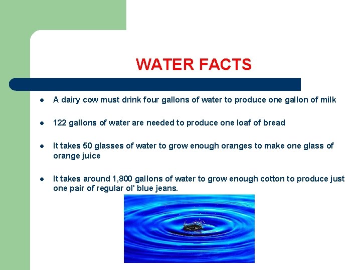 WATER FACTS l A dairy cow must drink four gallons of water to produce