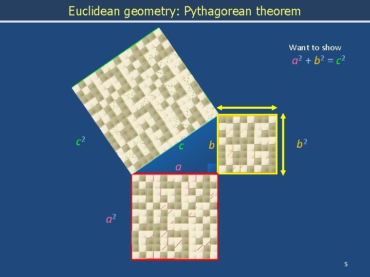 Euclidean geometry: Pythagorean theorem Want to show a 2 + b 2 = c