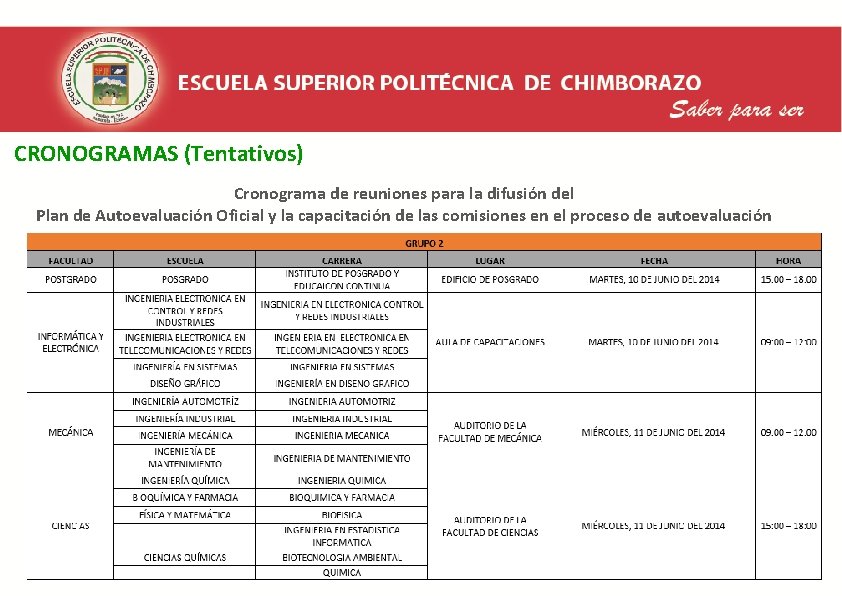  CRONOGRAMAS (Tentativos) Cronograma de reuniones para la difusión del Plan de Autoevaluación Oficial