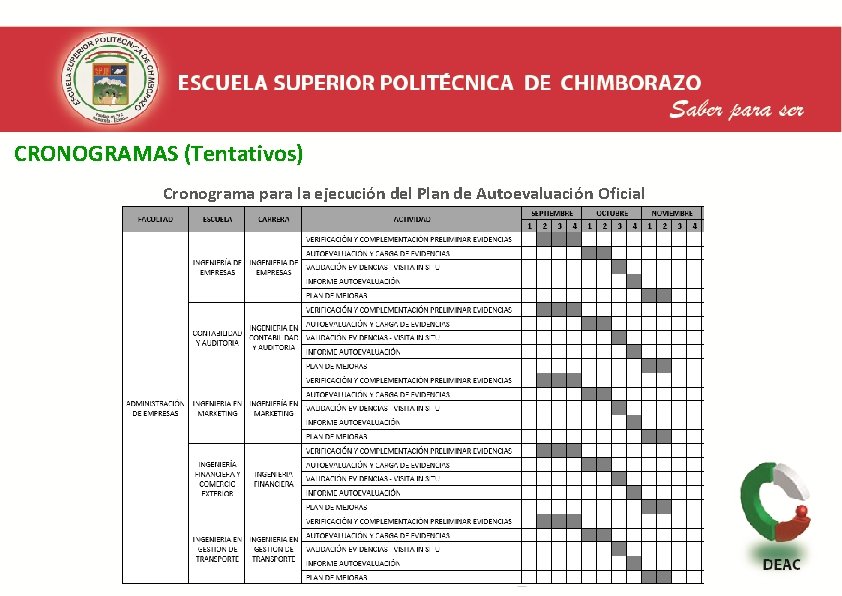  CRONOGRAMAS (Tentativos) Cronograma para la ejecución del Plan de Autoevaluación Oficial 